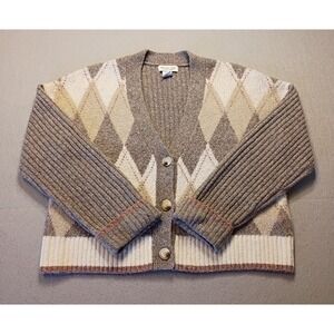 Rachel Zoe Beige Argyle Print V-Neck Ribbed Button Cardigan Womens Medium Short‎
